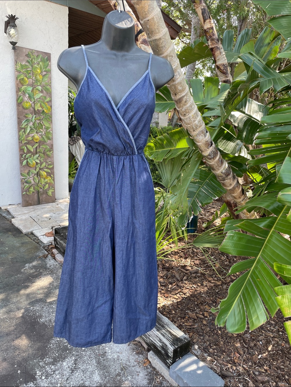 Sleeveless Denim-Look Bermuda or knee length jumpsuit